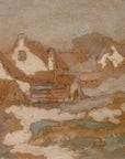 Artivare Fine Art Print of an artistic depiction of a village with houses and a church spire, using earthy tones.