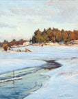 Artivare Fine Art Print of a winter landscape with a frozen stream and trees in the background