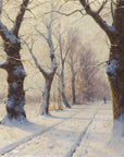 Artivare Fine Art Print of a winter scene with snow-covered trees and a path with a man walking