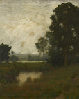 Artivare Fine Art Print of a landscape painting with trees and a field under a cloudy sky and the reflection of a pond