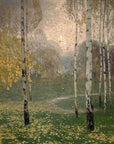 Artivare Fine Art Print of a painting of birch trees in a forest with a soft, muted color palette.