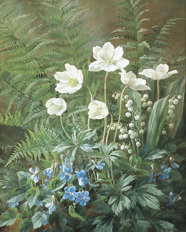Artivare Fine Art Print of a painting of white flowers and blue forget-me-nots amidst green foliage