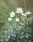 Artivare Fine Art Print of a painting of white flowers and blue forget-me-nots amidst green foliage