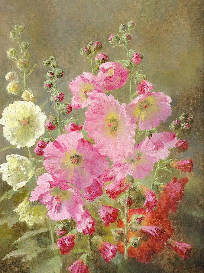Artivare Fine Art Print of a painting of a bouquet of pink, red, and white hollyhocks on a textured background