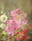 Artivare Fine Art Print of a painting of a bouquet of pink, red, and white hollyhocks on a textured background