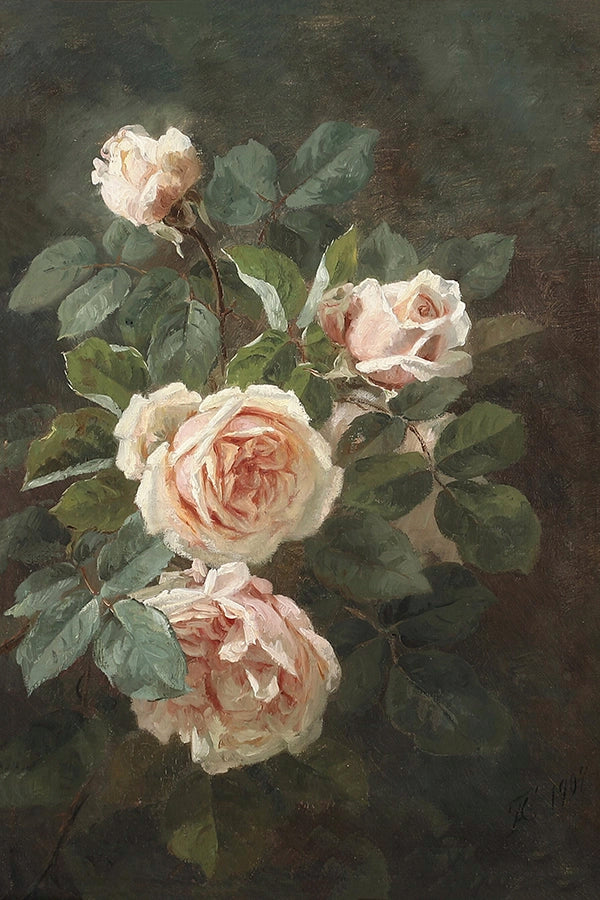 Artivare Fine Art Print of pink roses on a dark brown background.