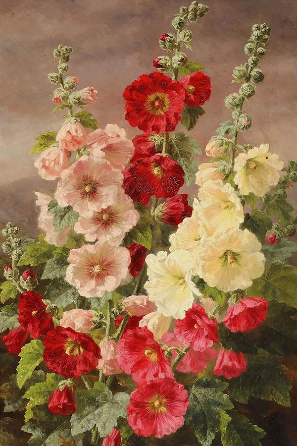 Artivare Fine Art Print of a painting of hollyhock flowers in red, pink, and white against a brown background