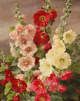 Artivare Fine Art Print of a painting of hollyhock flowers in red, pink, and white against a brown background