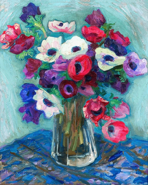 Artivare Fine Art Print of colorful bouquet of anemones in a clear vase on a textured surface with a light blue background