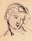 Artivare Fine Art Print of an artistic sketch of a woman's face with flowing hair on beige paper