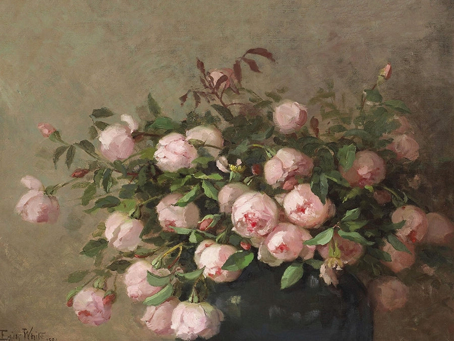 Artivare Fine Art Print of a painting of a bouquet of pink roses in a dark vase on a textured green background