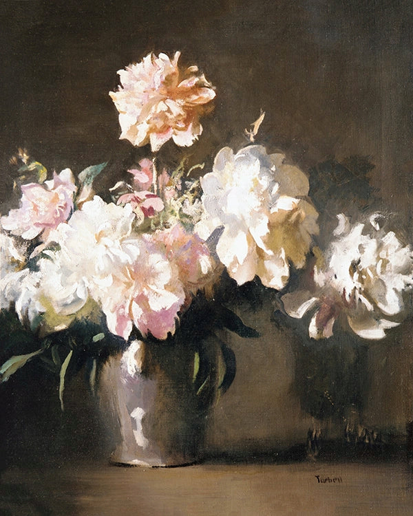 Artivare Fine Art Print of a still life painting of peonies in a vase on a dark background
