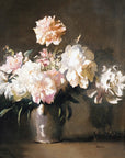 Artivare Fine Art Print of a still life painting of peonies in a vase on a dark background