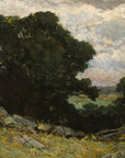 Artivare Fine Art Print of a landscape painting of a large tree in a field with a cloudy sky and fence