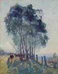 Artivare Fine Art Print of a painting of cows grazing under trees in a field with a fence.