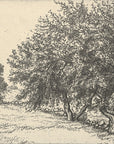 Artivare Fine Art Print of a drawing of a landscape with apple trees and a field in black and white
