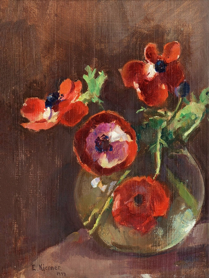 Artivare Fine Art Print of a still life painting of red flowers in a glass vase on a dark background