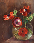 Artivare Fine Art Print of a still life painting of red flowers in a glass vase on a dark background