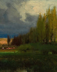 Artivare Fine Art Print of an oil painting of a landscape with trees, fields, cows, and a cloudy sky.