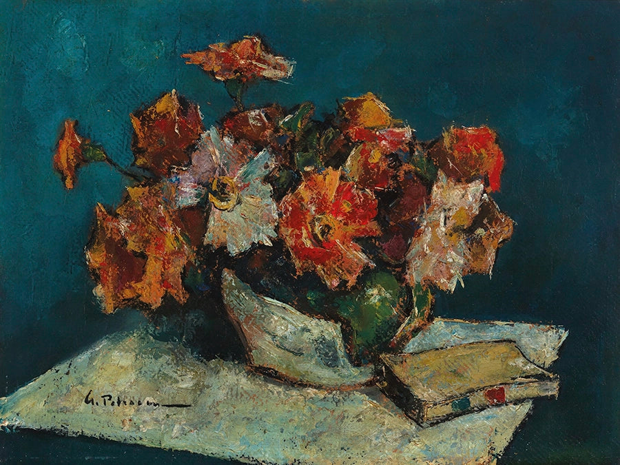Artivare Fine Art Print  of a still life painting of orange flowers in a vase on a dark blue background