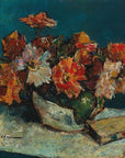 Artivare Fine Art Print  of a still life painting of orange flowers in a vase on a dark blue background