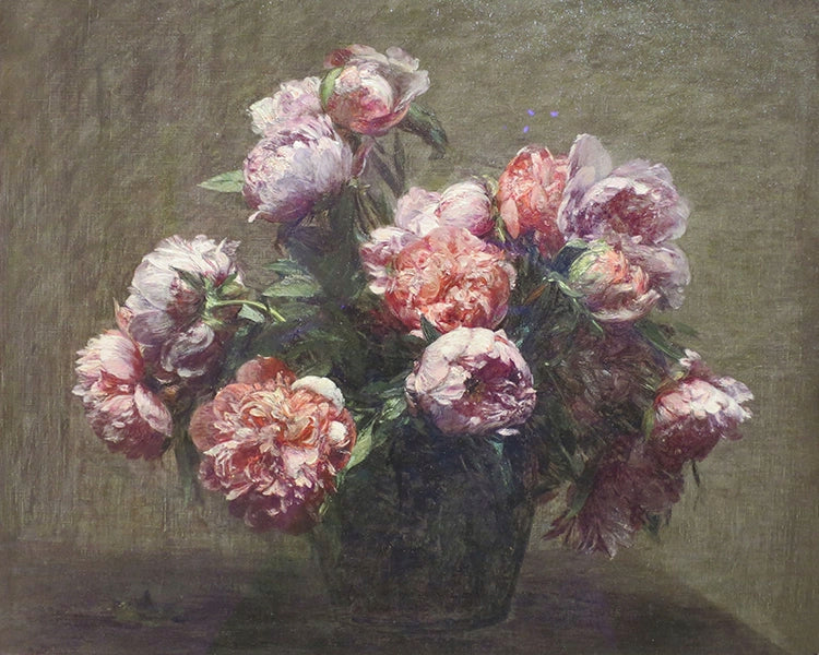 Artivare Premium Art Print of a still life painting of pink peonies in a vase against a dark background