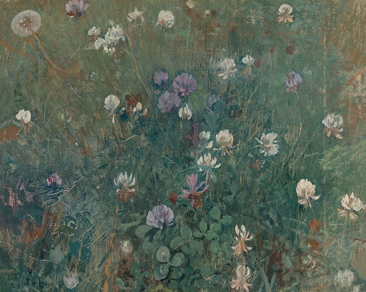 Artivare Fine Art Print of an artistic depiction of a field of flowers with a focus on dandelions and clover.