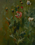 Artivare Fine Art Print of an oil painting of poppies and their seed heads in a field with a dark background