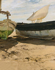 Artivare Fine Art Print of two sail boats on a sandy beach with a cloudy sky.