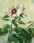 Artivare Fine Art Print  of an artistic depiction of a white hollyhock with green leaves on a light background