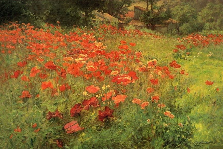 Artivare Premium Art Print of a painting of a field of red poppies with a house in the background