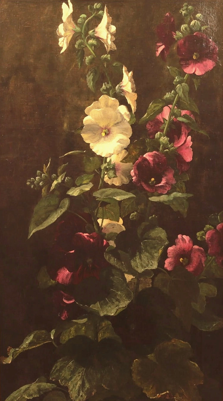 Artivare Fine Art Print  of a floral painting with pink and white hollyhocks on a dark background