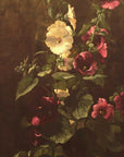Artivare Fine Art Print  of a floral painting with pink and white hollyhocks on a dark background