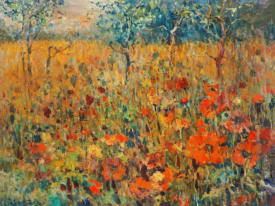 Artivare Fine Art Print of a painting of a field with orange poppies and trees in the background