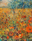Artivare Fine Art Print of a painting of a field with orange poppies and trees in the background