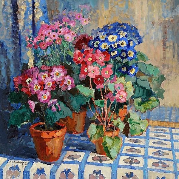 Artivare Fine Art Print of a painting of potted flowers on a patterned tablecloth