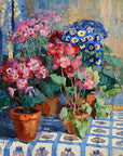 Artivare Fine Art Print of a painting of potted flowers on a patterned tablecloth