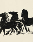 Artivare Fine Art Print of an ink drawing of three black horses in a line on a beige background