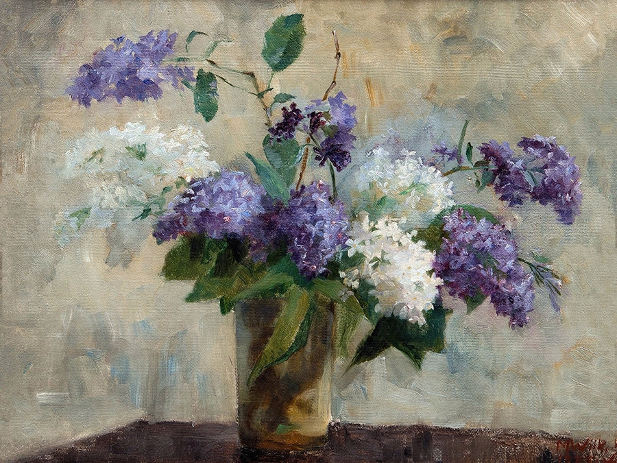 Artivare Fine Art Print of a still life painting of purple and white lilacs in a vase on a textured surface.