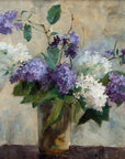 Artivare Fine Art Print of a still life painting of purple and white lilacs in a vase on a textured surface.