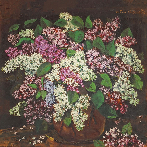 Artivare Premium Art Print of a bouquet of lilacs in a brown vase on a dark background