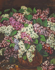 Artivare Premium Art Print of a bouquet of lilacs in a brown vase on a dark background