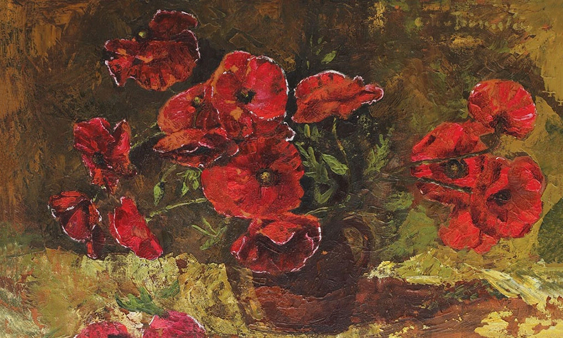 Artivare Premium Art Print of a painting of red poppies with a brown background