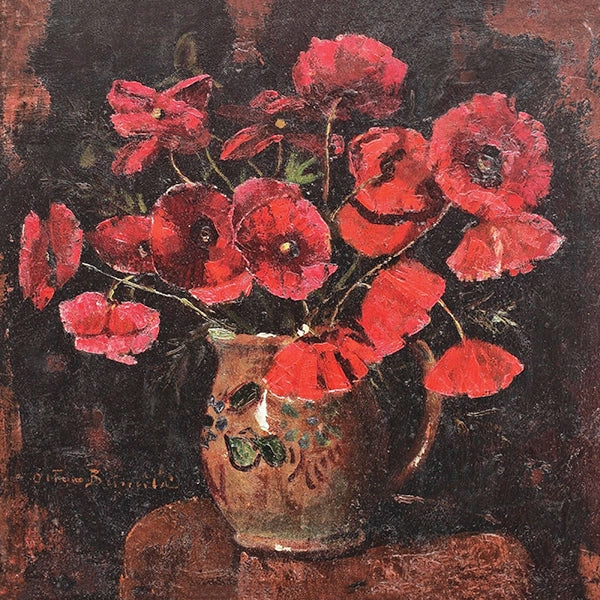 Artivare Premium Art Print of a still life painting of red flowers in a vase on a dark background