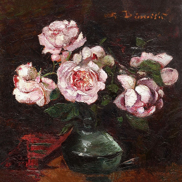 Artivare Fine Art Print of a still life painting of pink roses in a green vase on a dark background