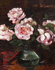 Artivare Fine Art Print of a still life painting of pink roses in a green vase on a dark background