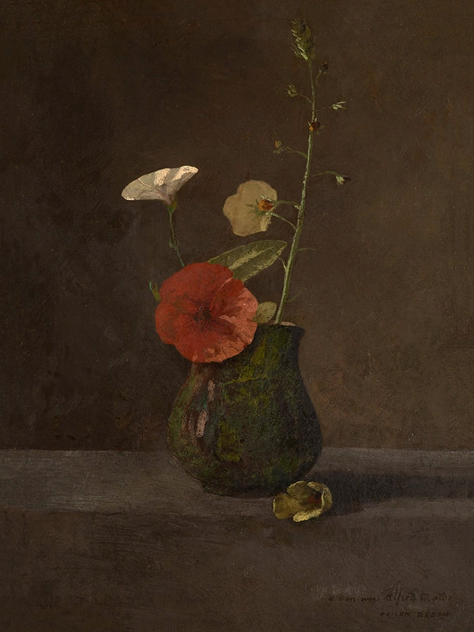 Artivare Fine Art Print of a still life painting of a green vase with a red flower and white petals on a dark background