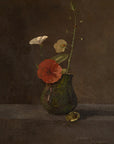 Artivare Fine Art Print of a still life painting of a green vase with a red flower and white petals on a dark background