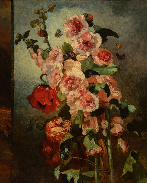 Artivare Fine Art Print of a still life painting of hollyhocks with a dark background