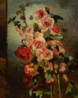 Artivare Fine Art Print of a still life painting of hollyhocks with a dark background